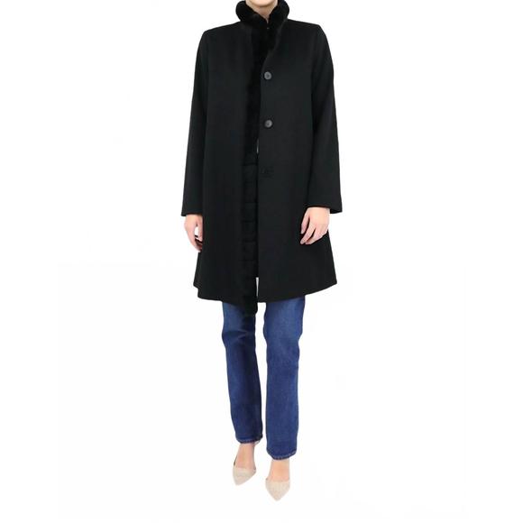 NEW FLEURETTE rex rabbit trim wool coat in black - Picture 1 of 3